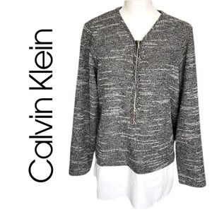 Calvin Klein Black White Tunic Top Logo Zipper Silver Accent Tiered Layer Sz 0X